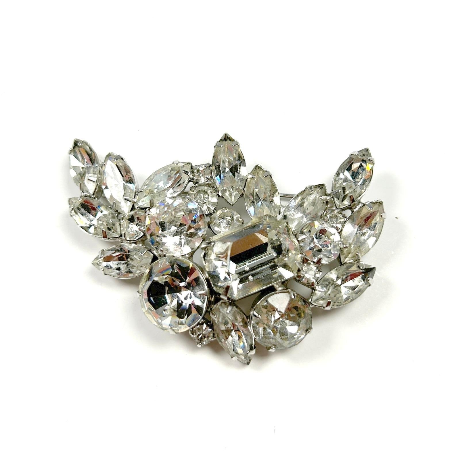 Kramer Rhinestone Statement Brooch Pin Silver Tone Clear Vintage Old Hollywood